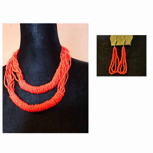 Red Coral twisted beaded two-strands necklace and earrings set - Picture 1 of 5